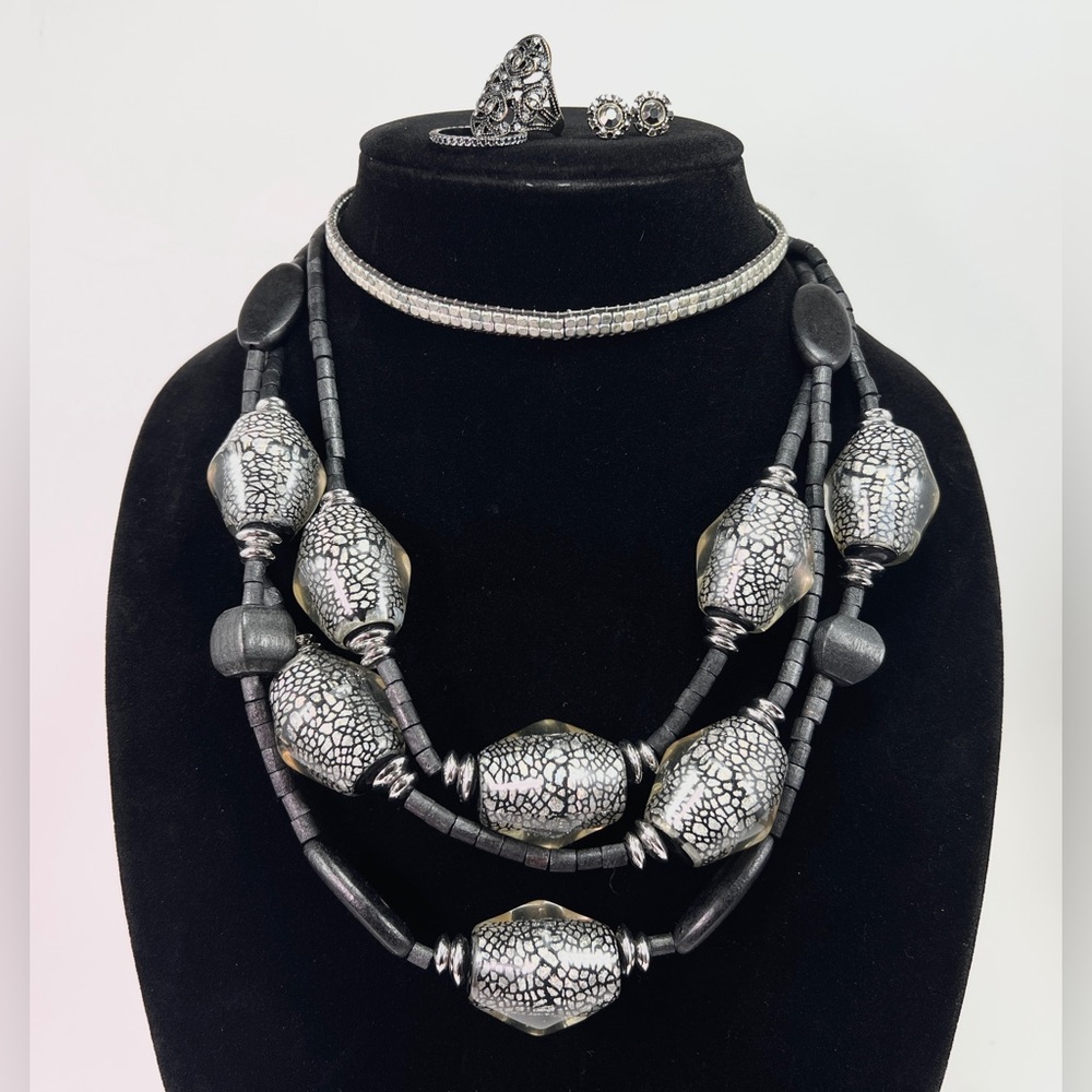 Gothic Witchy Black & Silver Jewelry Set Chicos Vintage Choker Rings Earrings